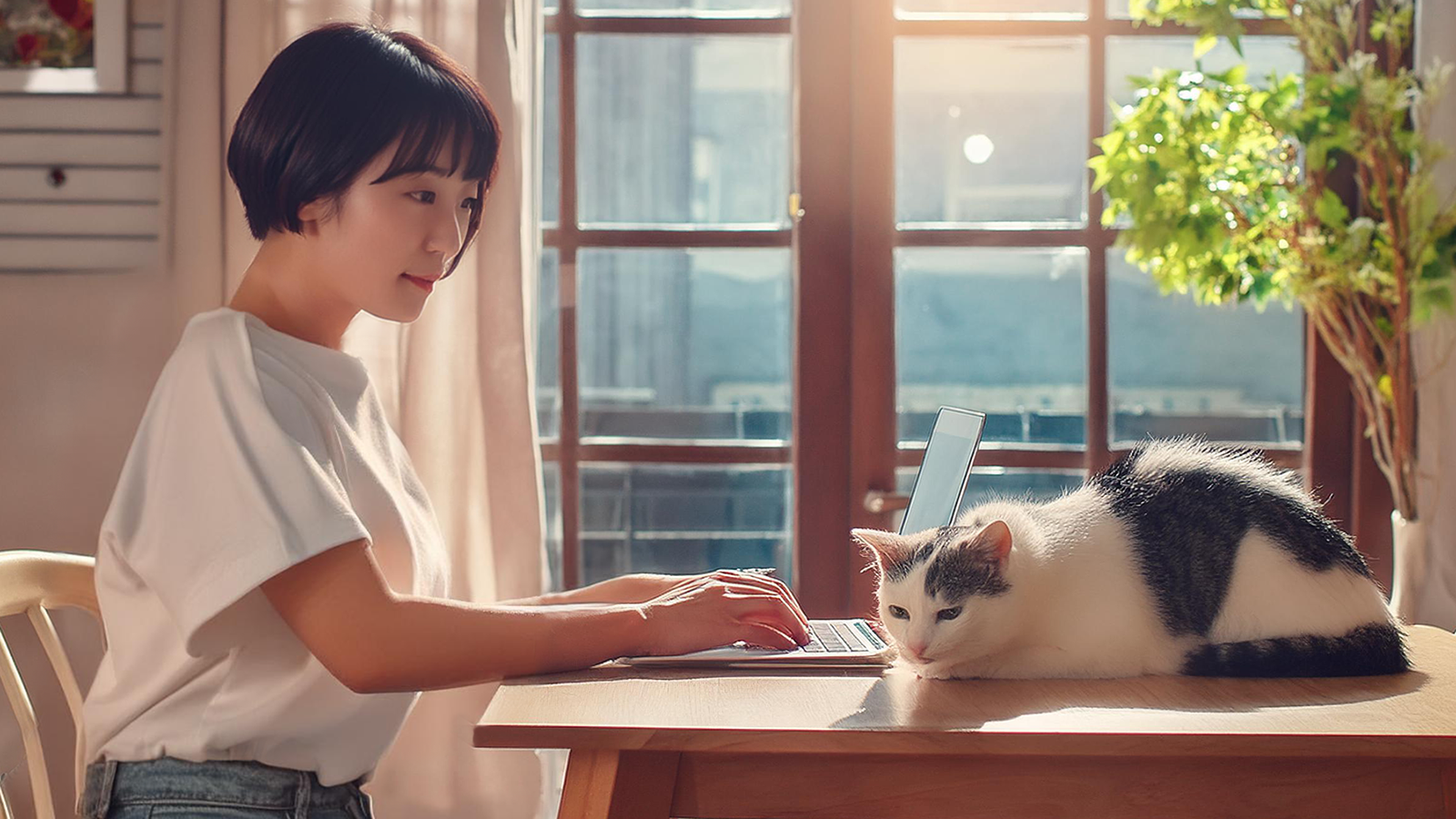 PCでブログを書く女性と猫ちゃんの画像