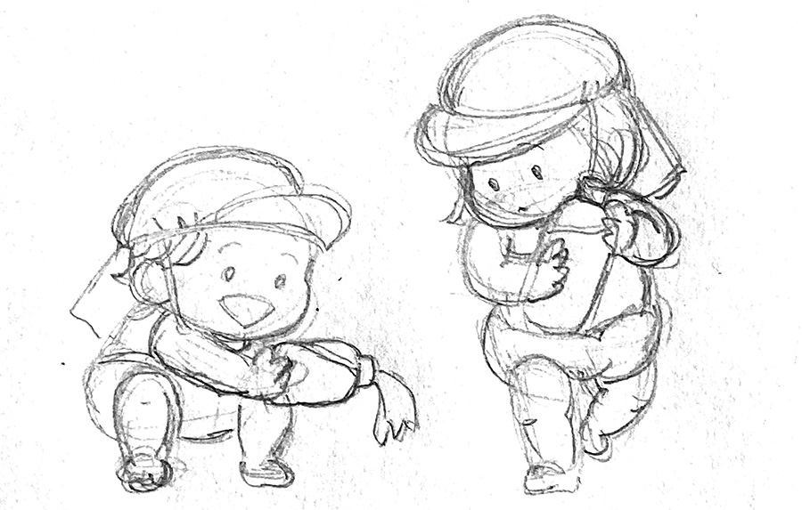 泥水遊びをする保育園児童のイラストスケッチ