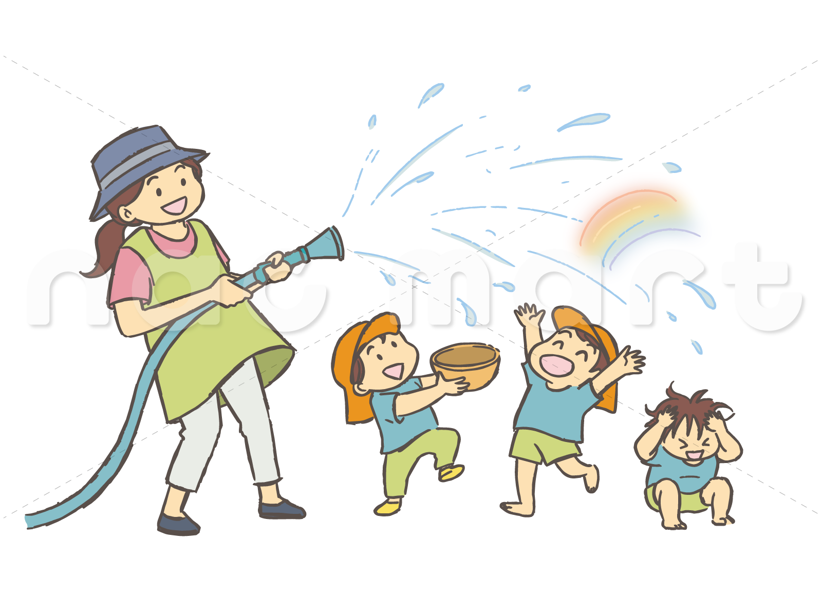 水遊びをする保育士と園児たちのイラスト