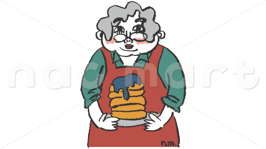 パンケーキを両手で抱えるエプロン姿で白髪のおばさんのイラスト